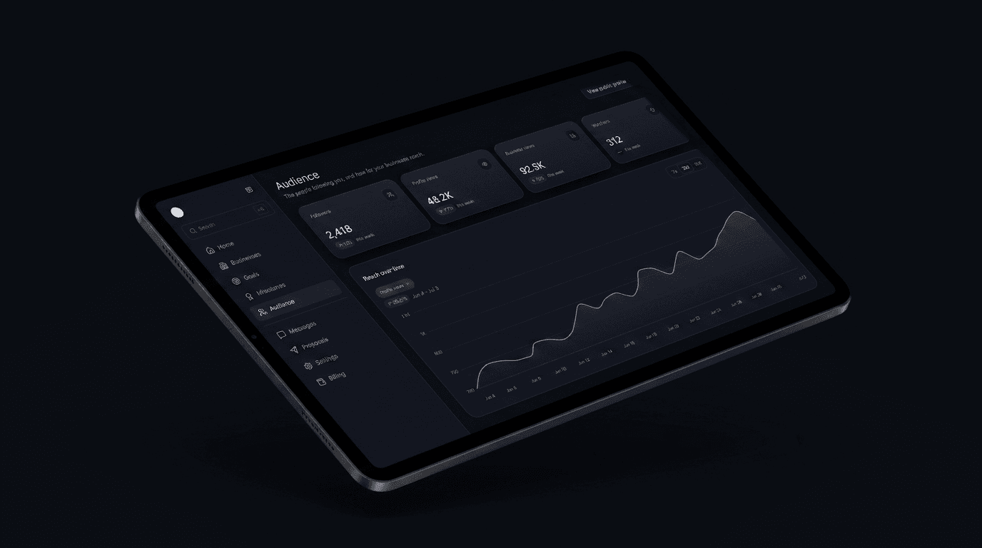The FerryBear dashboard on a tablet — the Audience view: followers, profile and business views, watchers, and reach over time